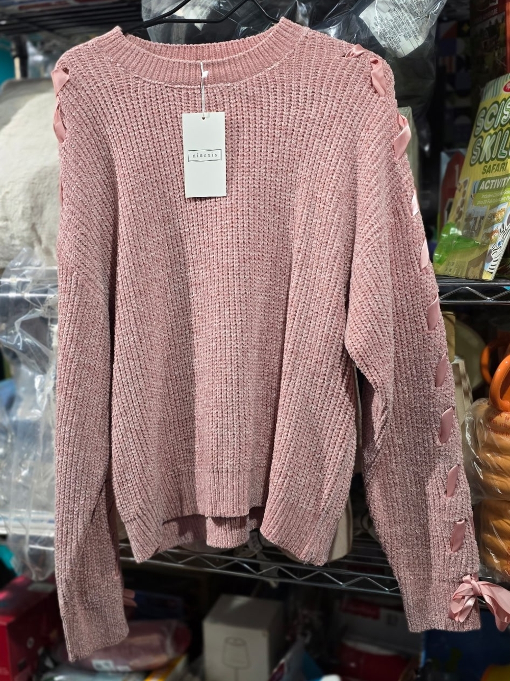 New Large Chenille Pink Ribbon-Detail Knit Sweater